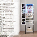 LVSOMT 3 LEDs Mirror Jewelry Cabinet, 60.4" Jewelry Mirror Full Length, Standing Lockable Jewelry Armoire Organizer, Floor Mirror with Storage for Jewelry Cosmetics, White