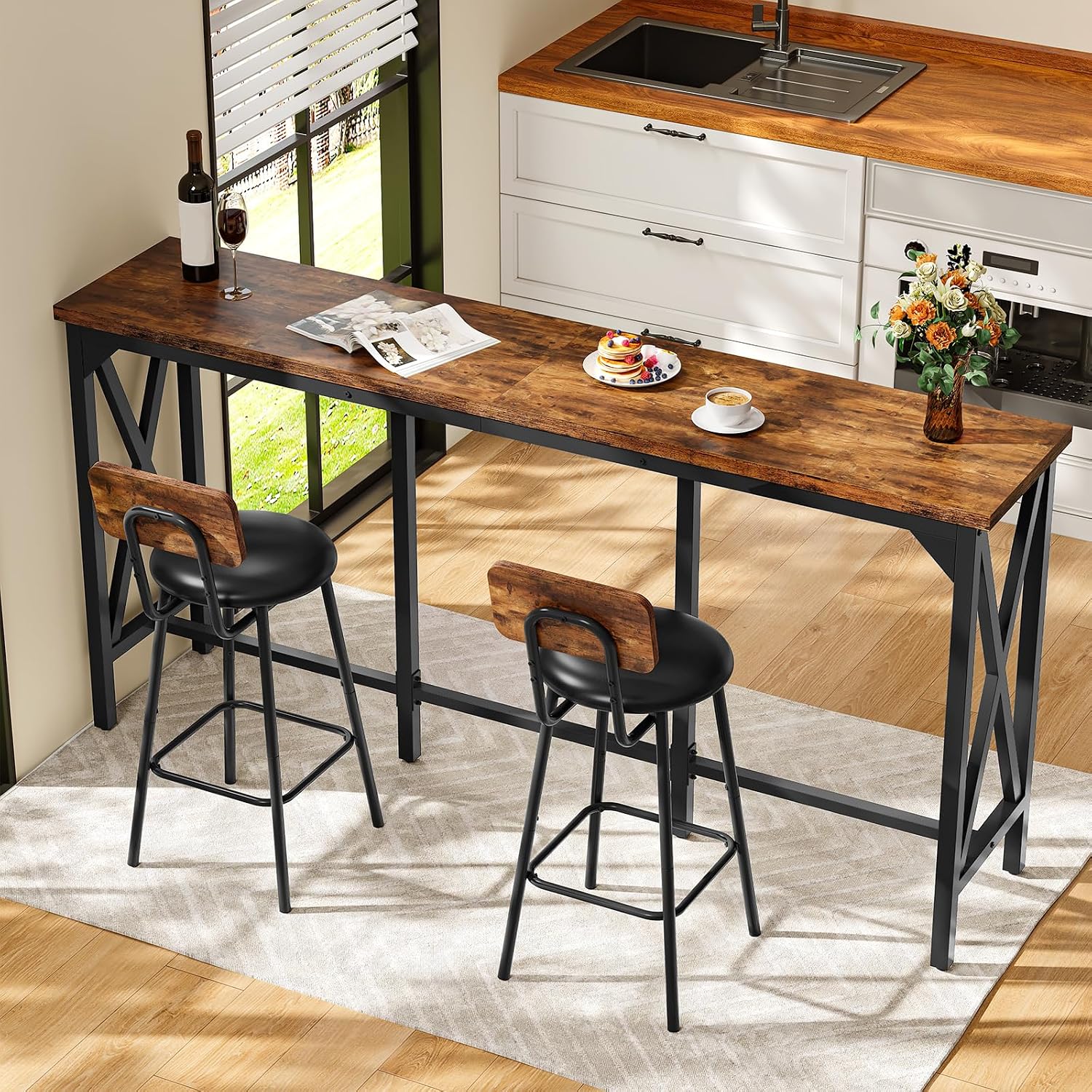 CHOEZON Bar Table and Chairs Set, Counter Height Table and Chairs, with X-Shaped Supports, 1 Pub Table and 2 Chairs, for Dining Room, Living Room, Home Bar, Rustic Brown and Black TBT18BF