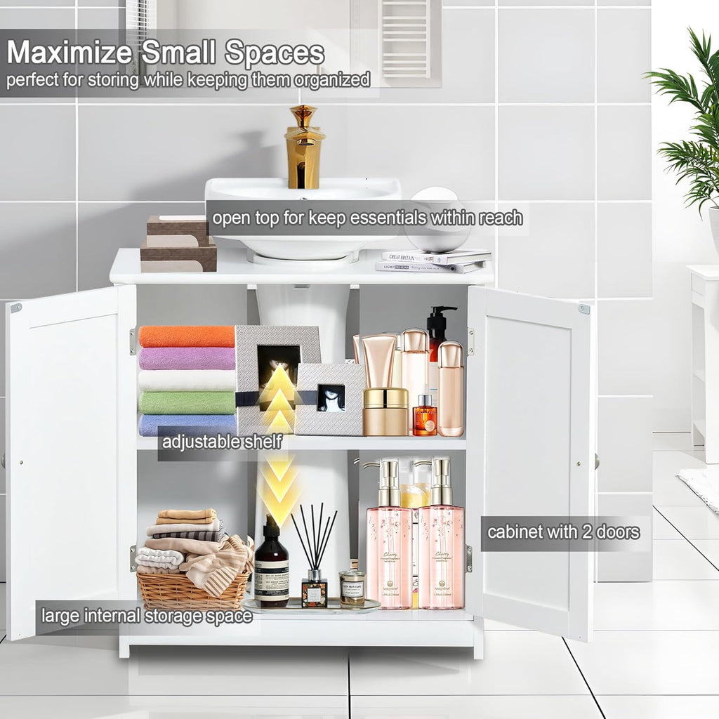 Pedestal Sink Storage Cabinet, Under Sink Cabinet with 2 Doors and Adjustable Shelf, Bathroom Sink Cabinet with U-Shape Cut-Out, Under Pedestal Sink Storage Cabinet for Bathroom, White
