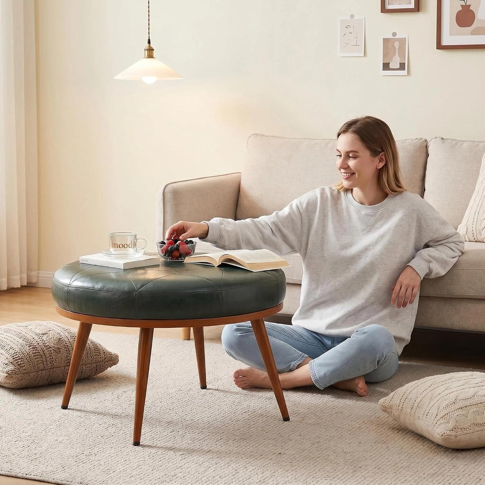Green Round Ottoman Coffee Table, 24-Inch Faux Leather Cushioned Footstool wi...