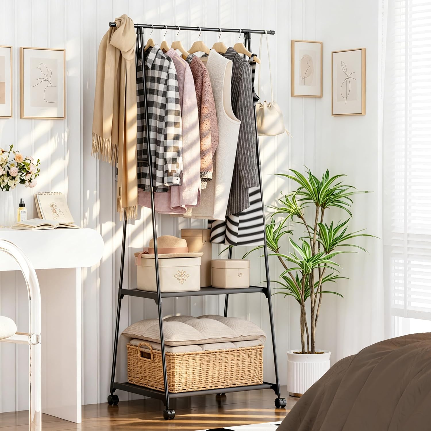 GcdPai Freestanding Clothing Rack Double-Tier with Shoe Storage | Space-Saving Closet Organizer, For Entryway, Bedroom & Walk-In Wardrobe, Triangle Coat Rack, Garment Rack