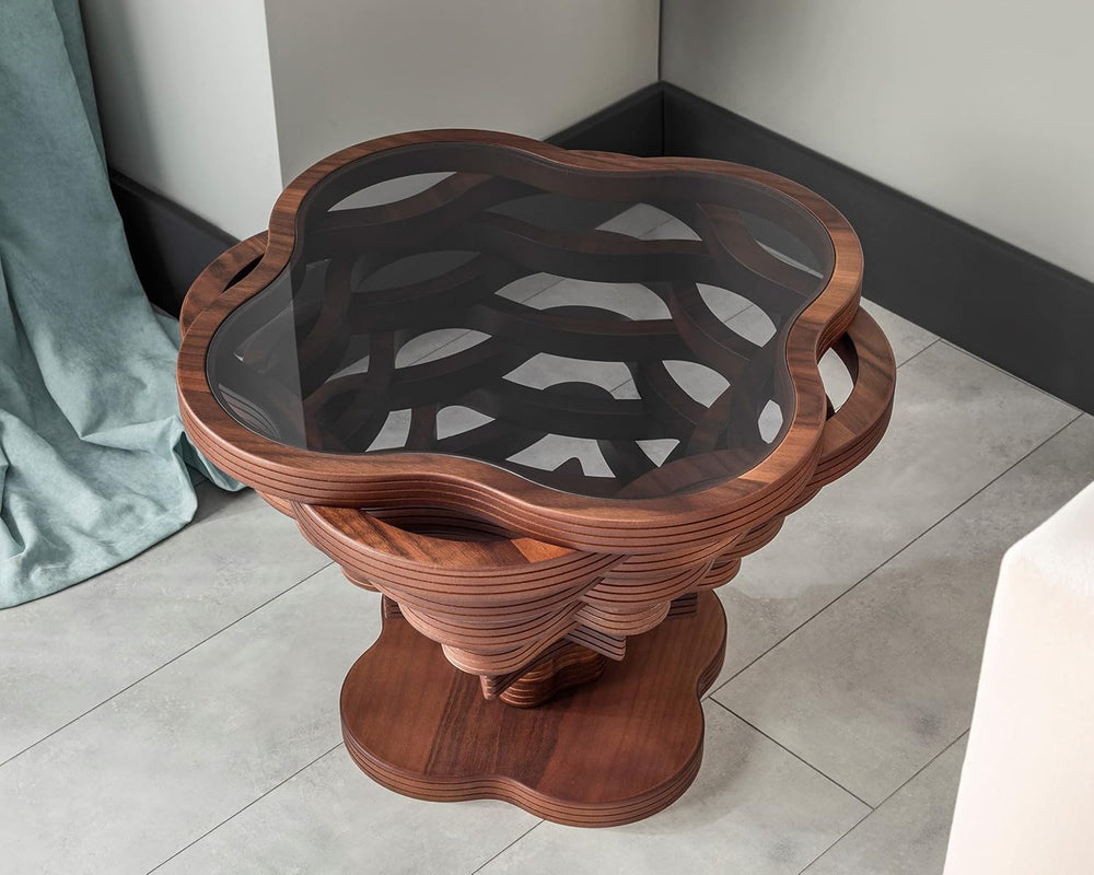 Cloud Side Modern Wood Side Table – Layered Cloud-Like Shape with Smoked Glas...