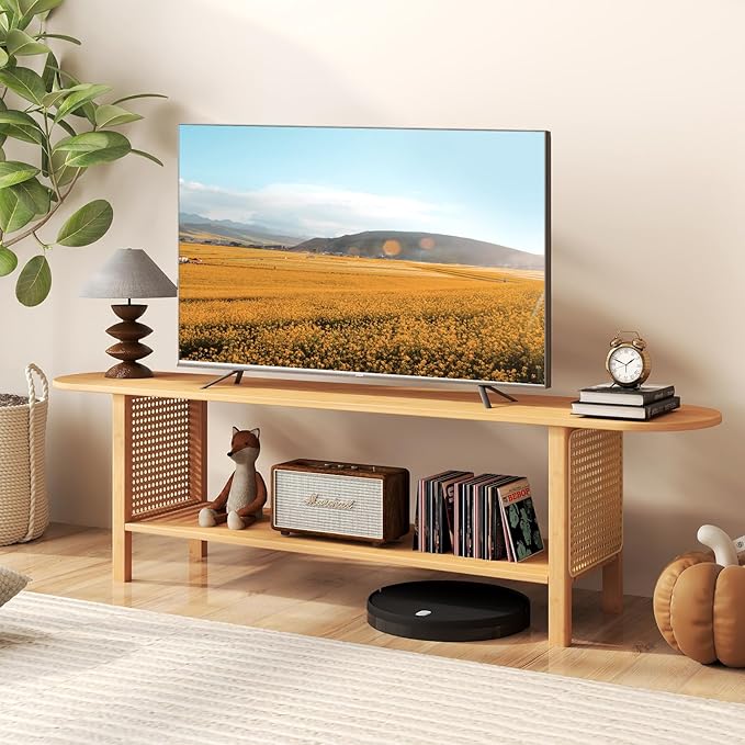 HollyHOME Bamboo TV Stand with Storage for TVs up to 65", Modern Enterta...
