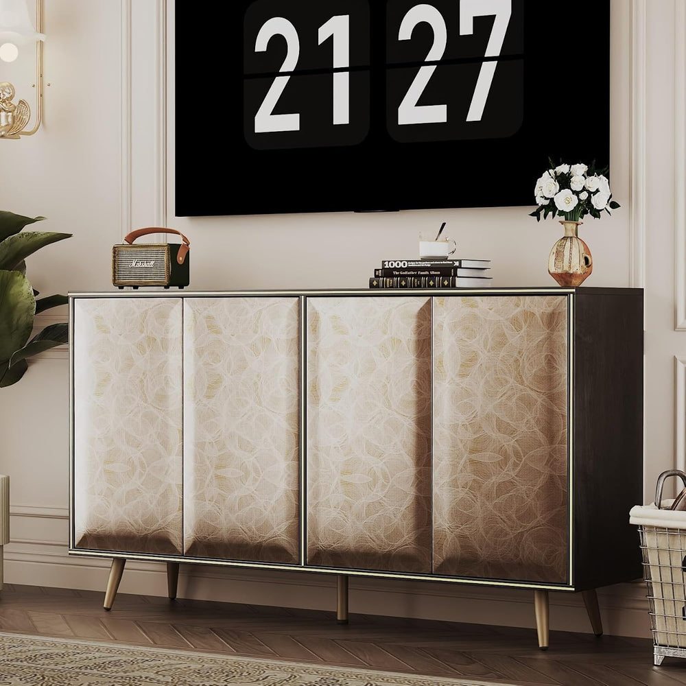 Sideboard Buffet Cabinet with Raised Shaped & Geometric Line Texture Door...