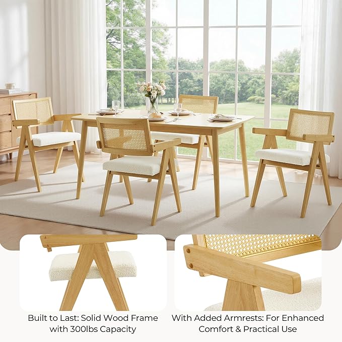 CHITA Rattan Dining Chairs Set of 4, Modern Dining Chair with 2.8inch Cushion, Rubberwood Frame Accent Chairs for Dining Room/Kitchen/Living Room, Oak