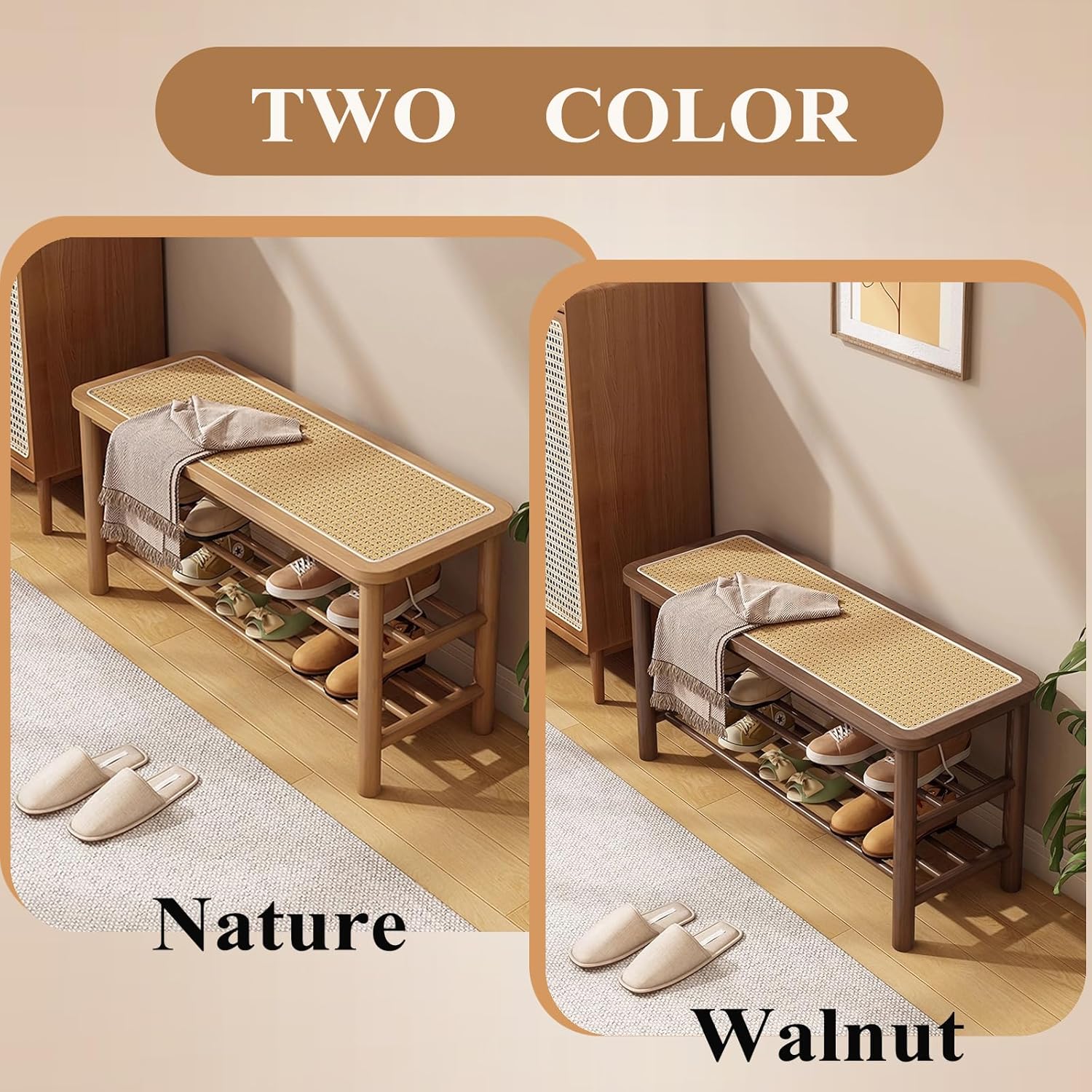 SOBIBO Bamboo Shoe Rack Bench with Rattan Seat, 3-Tier Shoe Storage Bench, Entryway Bench for Hallway Nature-23.62 inches