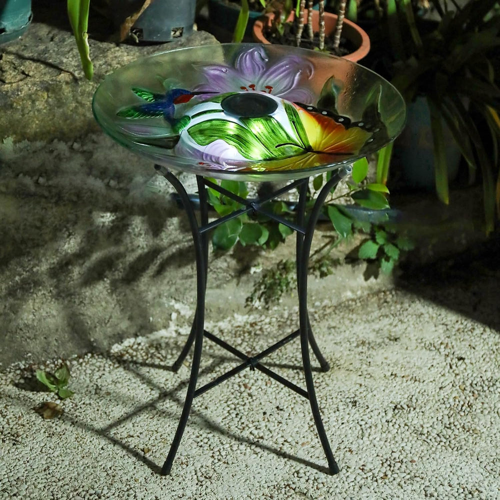 MUMTOP Outdoor Glass Bird Bath Solar Birdbath with Metal Stand Garden Decor