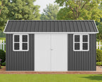 VanAcc 12x14x8.5 FT Galvanized Steel Outdoor Storage Shed with 2 4-Pane Windows Lockable Door, Nordic Cottage Shed for Backyard, Garden, Patio, Dark Grey/White