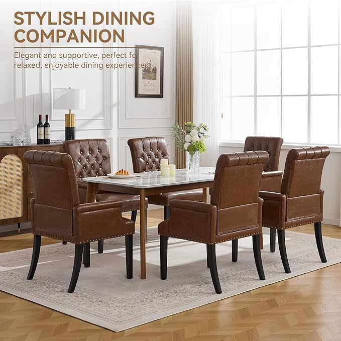 PU Leather Dining Chair with Arms, Upholstered Tufted High Back Dining Room Chairs, Accent Armchair with Solid Wood Leg and Nailhead Trim, Kitchen Dining Living Room, Coffee