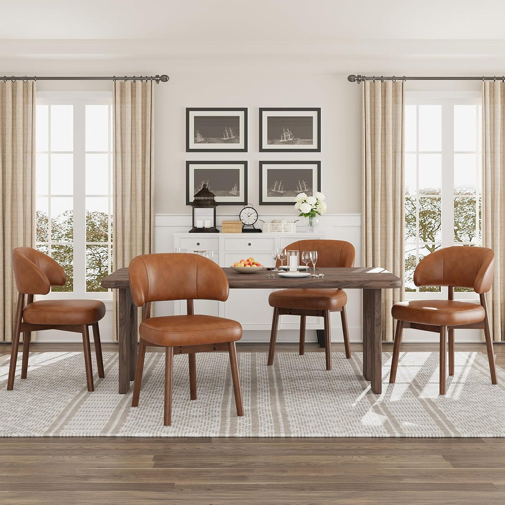 MALOL Wooden Dining Chairs Set of 4, Modern Upholstered Dining Room Chair, PU Leather Kitchen Side Chairs with Curved Open Back for Living Room/Restaurant/Cafe, Brown
