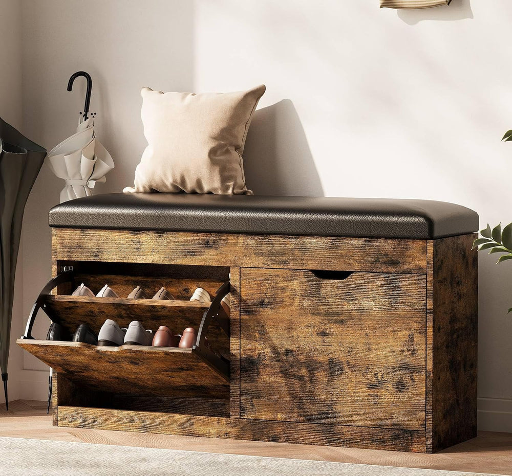 40" Shoe Storage Bench with 2 Flip Drawers & Padded Seat Cushion, Sh...