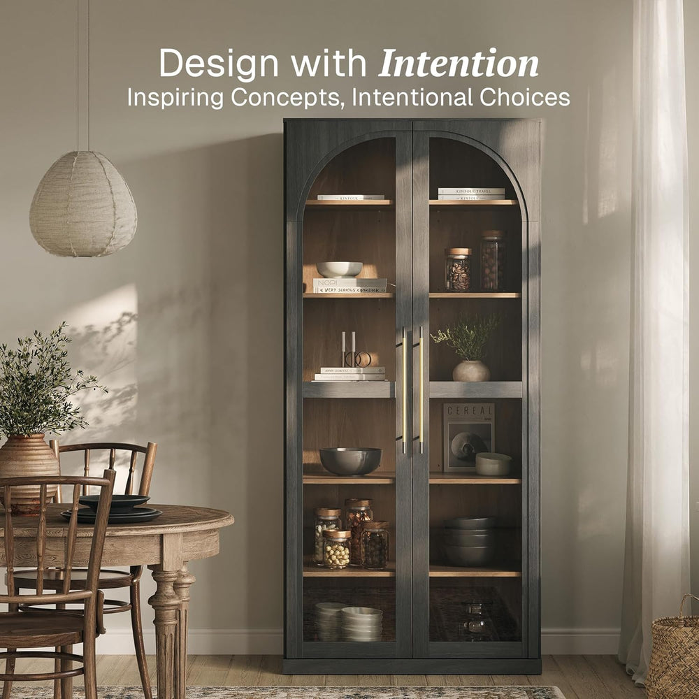 BELLEZE 67" Tall Glass Display Cabinet, Modern Wood Curio Cabinet Bookca...