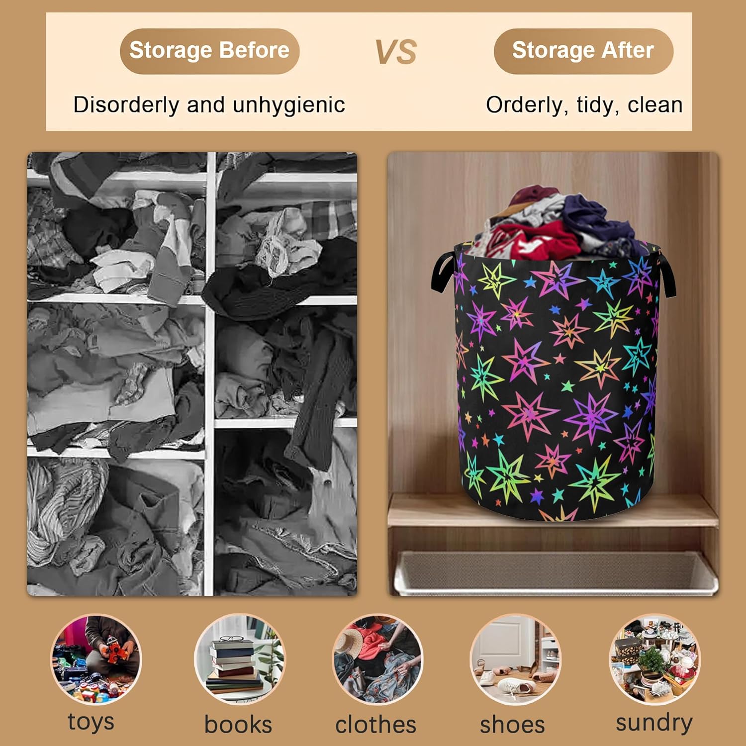 Laundry Hamper,Bright Neon Stars Laundry Basket,Waterproof Oxford Cloth Storage Basket with Handle for Clothes Books Nursery Home Storage Sundries 16"x20"