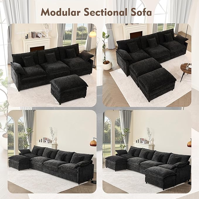 142.5" U Shaped Couch, Modular Sectional Sofa, 3-Seater Comfy Cloud Couch, Set of Modular Pieces with Movable Ottoman, Deep Seat Couches for Living Room, Chenille, Black