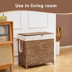 Laundry Hamper with Lid and Removable Liner Bag, Handwoven Natural Hyacinth Clothes Hamper with Heightened Feet, Wicker Laundry Basket for Clothes and Towels，Large, 2-sections