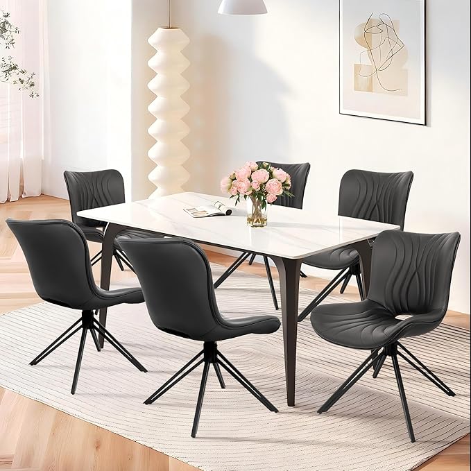 Dining Chairs Set of 6, 360° Swivel Upholstered Mid-Century Modern Kitchen Dining Room Chairs, Armless Faux Leather Accent Side Chair with Padded Back, Metal Legs for Living Room,Black
