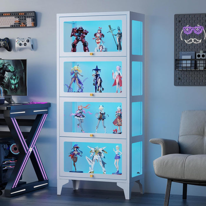 4 Tier Glass Display Cabinet with Flip-Up Doors, 55" Curio Cabinet with 13-Color LED Lights, 3-Side Tempered Glass Display Case for Books, Collectibles, Figures, White