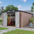 Aoxun 10x12 Shed with Brown Floor Galvanized Steel Outdoor Storage Shed Metal Garden Shed with Moisture-Proof Floor & Ventilation, Sloped Roof for Bike/Generator/Tool Storage (Brown Floor Included)