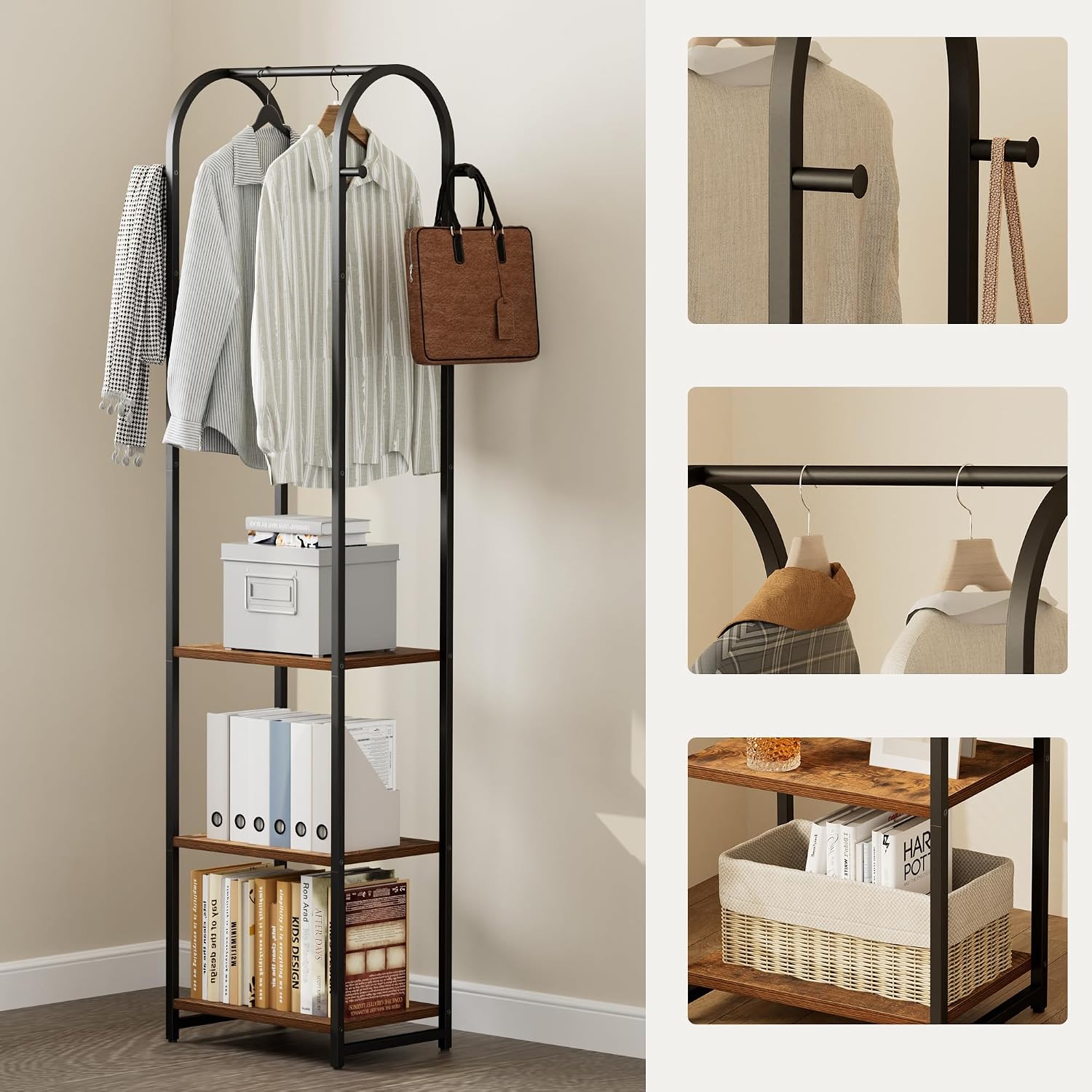 Garment Rack, Coat Rack with 3 Shelves and 4 Hooks, 71" H Clothes Stand for Hanging Clothes, Hanging Rod for for Bedroom, Hallway, Entryway, Office, Living Room, Rustic Brown and Black