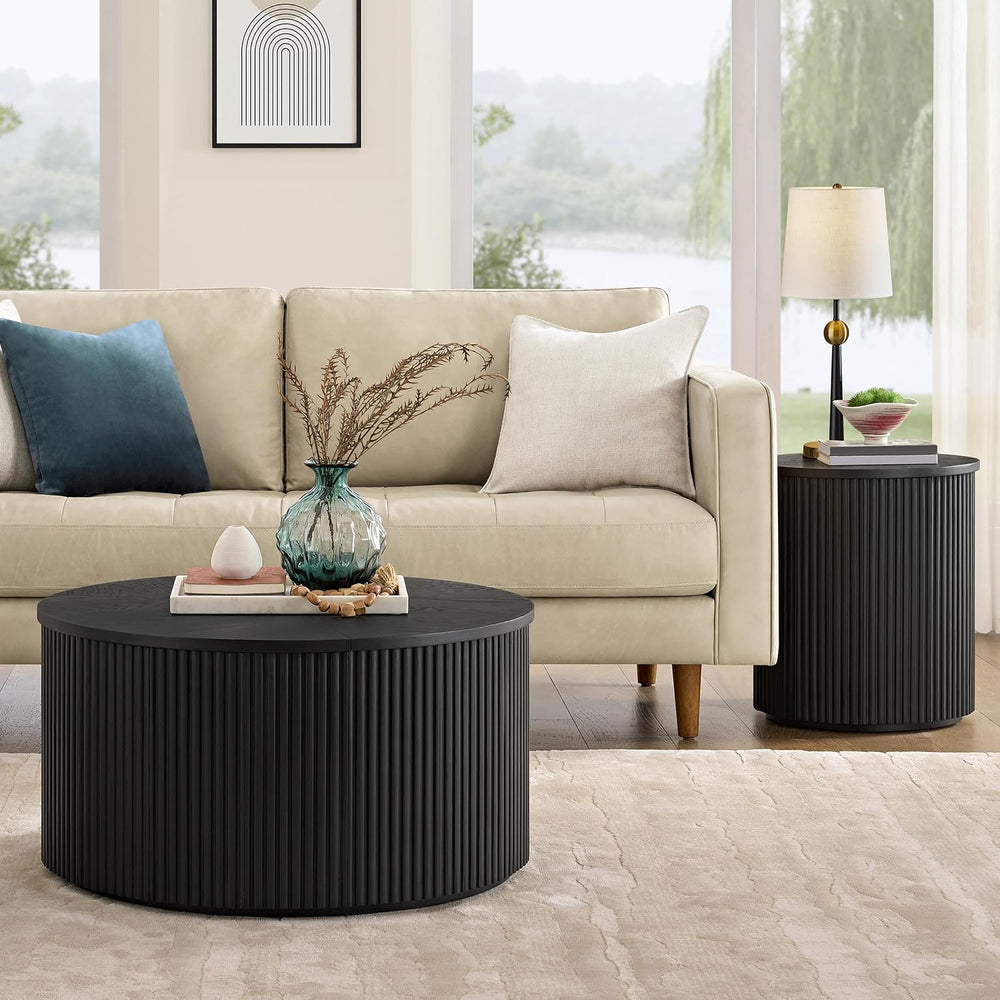 Alaterre Furniture Amos Round End Table - 20 Inch Solid Wood Fluted Nightstan...