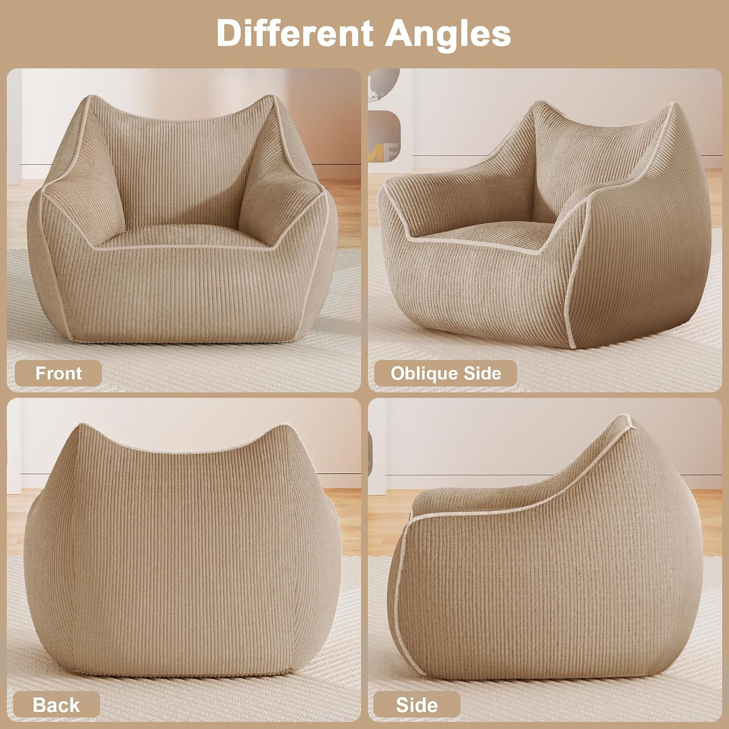 Toddler Bean Bag Chair, Stuffed Kids Bean Bag Sofa with Filler Corduroy Bean Bag Seat for Kids, Small Comfy Lazy Sofa Lounge Chair with Armrests and Back Support for Gaming, Reading, Beige