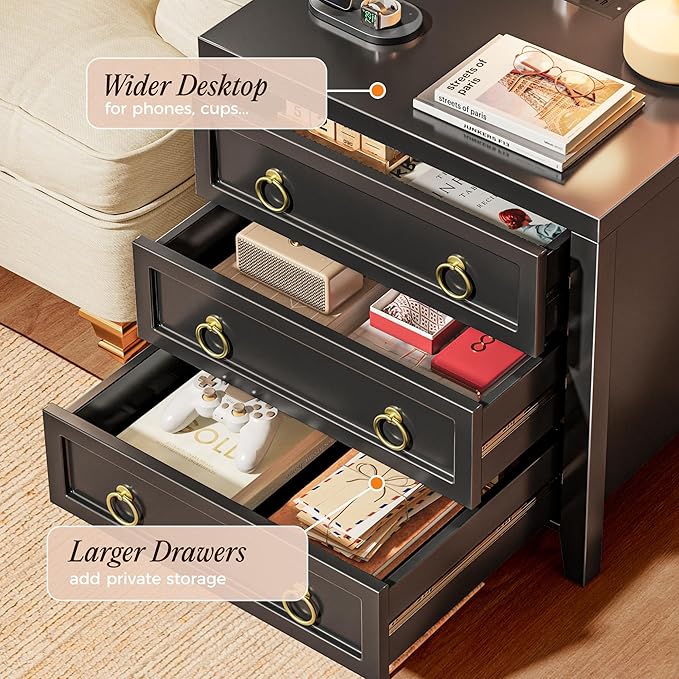 Huuger 23.6 Inch Night Stand with Charger Station and USB-C Port, 3 Drawer Nightstands Set of 2, Larger Wider Bedside Table, Modern End Table, for Bedroom, Black Nightstand