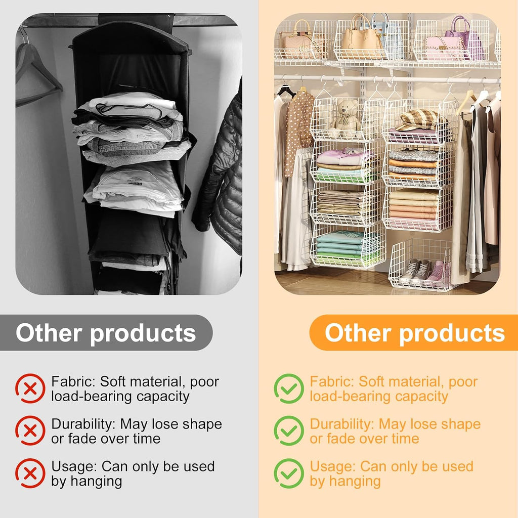 4 Tier Closet Hanging Organizer Foldable Dorm Closet Organizer White | Freestanding Closet Organizers and Storage with 5 S Hooks, wire closet shelving for Wardrobe Laundry Room Patent (11.8" D)