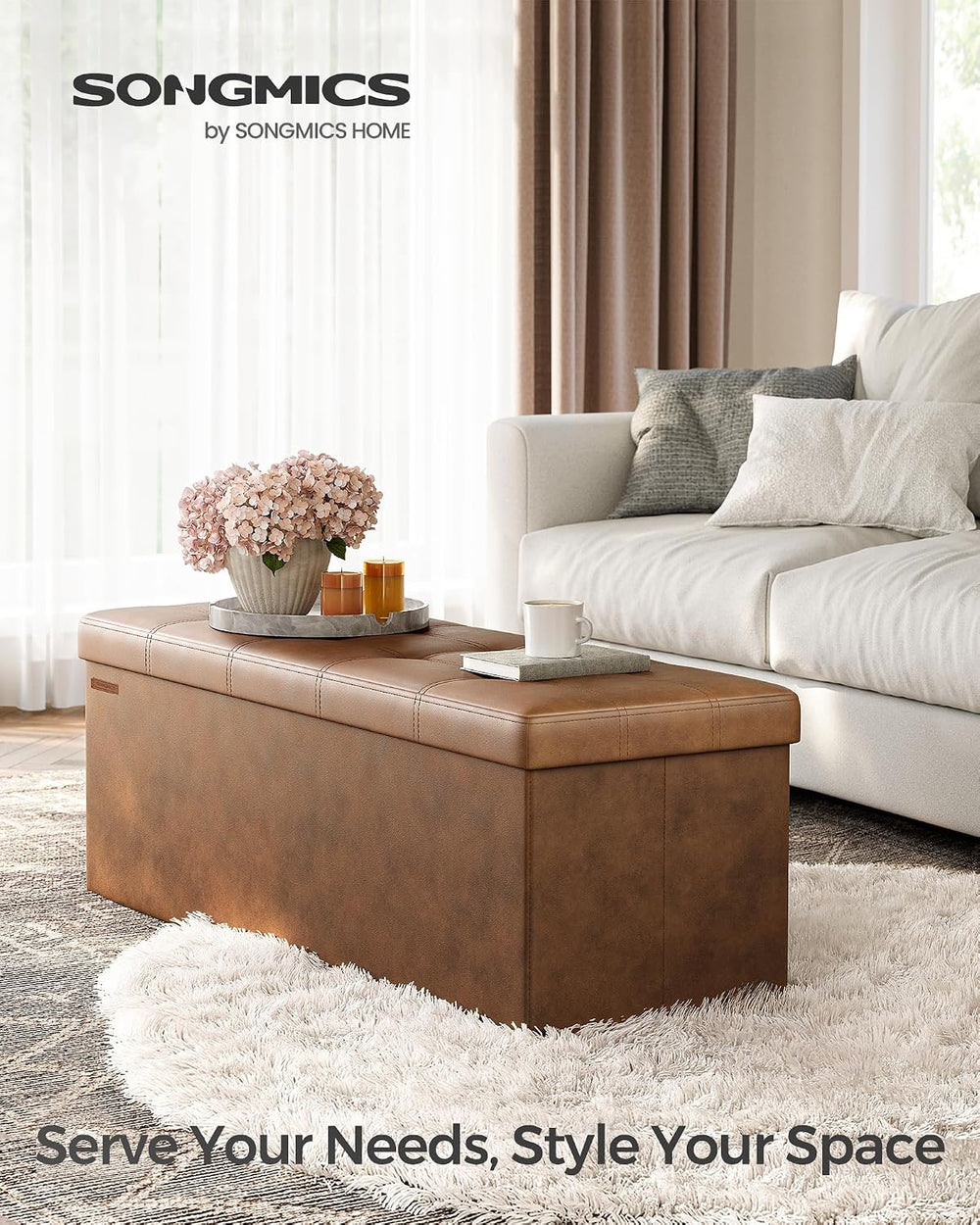 SONGMICS Storage Ottoman Bench, 43.3 Inches Folding Foot Rest Stool | PU Leat...
