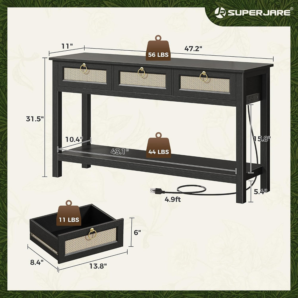 SUPERJARE Rattan Console Sofa Table with Outlets, USB-C Port and 3 Drawers | ...