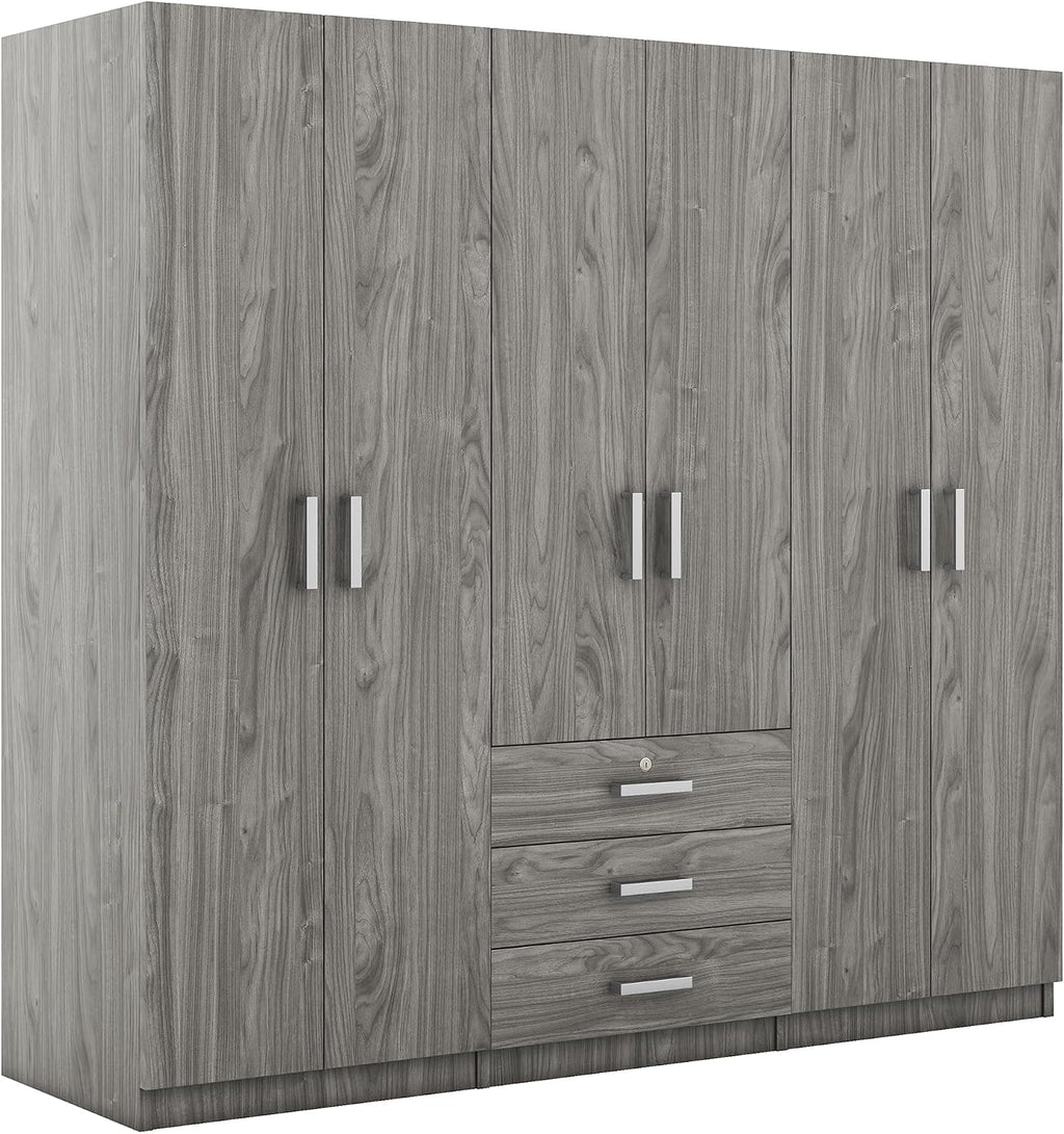 SOFTSEA 6 Doors Armoire Wardrobe Closet with Drawers, 70.9" Large Armoire Wardrobe Cabinet with Storage Shelves and 3 Hanging Rods, Bedroom Clothes Cabinet Organizer (Grey)
