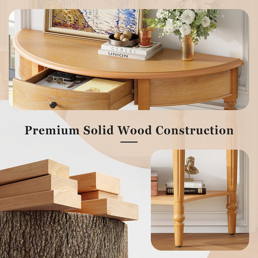LKTART Vintage Half Moon Console Table with Solid Pinewood Frame & Legs, ...