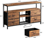 Huuger 47 Inch TV Stand Dresser with Power Outlets and LED Lights, Fabric Dresser for Bedroom, 4 Drawers Entertainment Center with Open Shelf, Media Console for 55 50 Inch TV, Rustic Brown