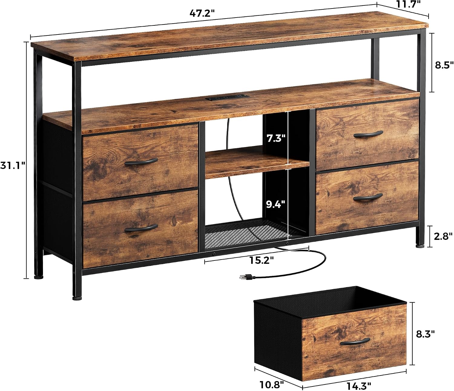 Huuger 47 Inch TV Stand Dresser with Power Outlets and LED Lights, Fabric Dresser for Bedroom, 4 Drawers Entertainment Center with Open Shelf, Media Console for 55 50 Inch TV, Rustic Brown