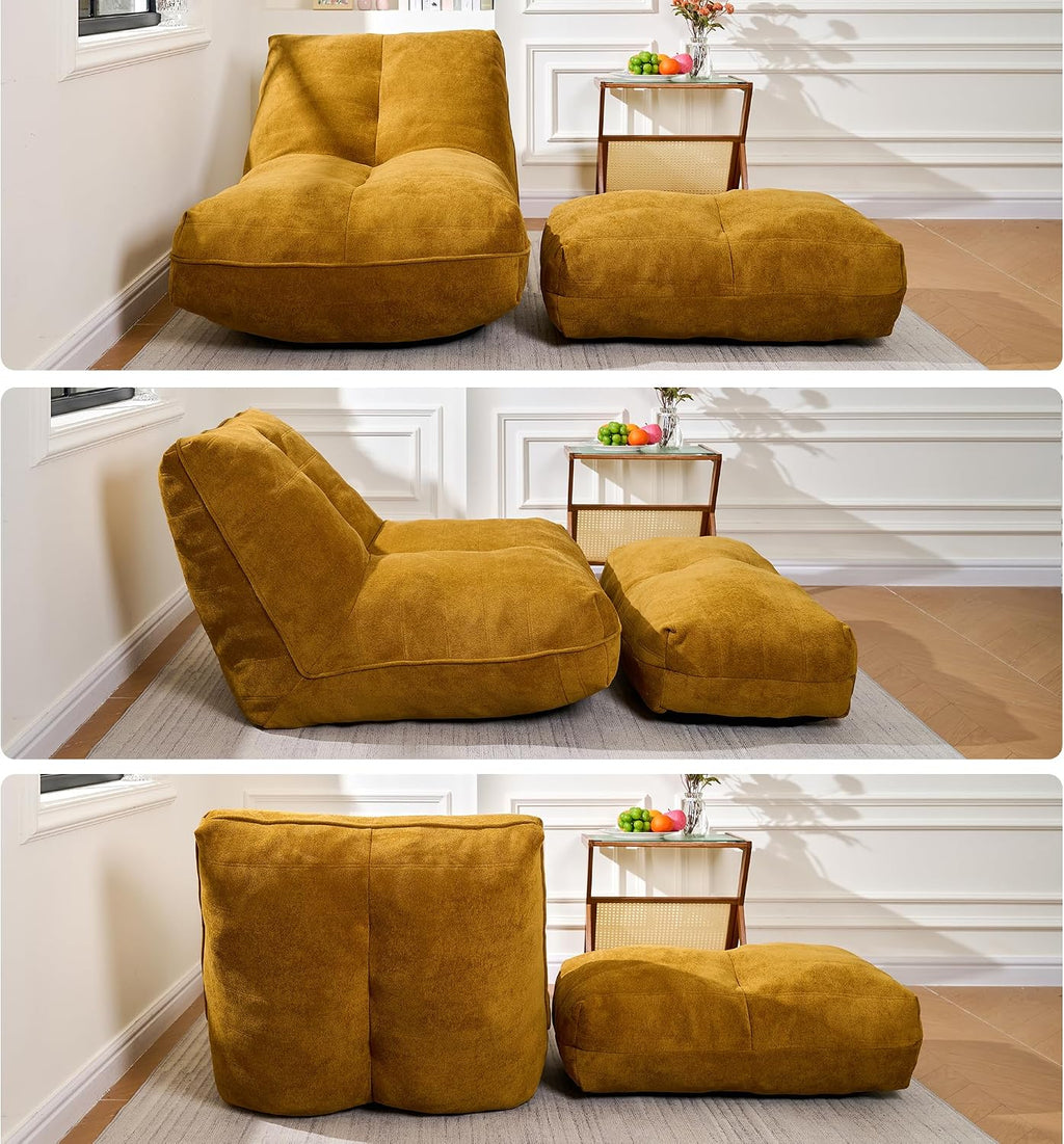 Cvortll Bean Bag Chair with Ottoman, Comfy Bean Bag Sofa with Memory Foam, Lazy BeanBag Sofa with Footstool, Fireside Bean Bag Couch for Living Room, Bedroom, Apartment (Yellow)