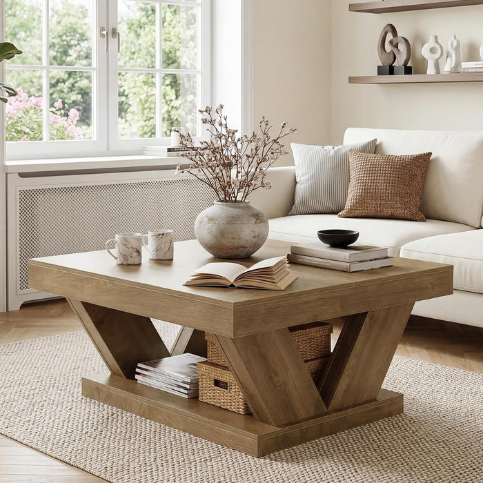 LITTLE TREE Coffee Table, Farmhouse Coffee Table with Large Storage Shelf, 2-Tier Rustic Wood Modern Center Table for Living Room, Home Office, Rustic Brown
