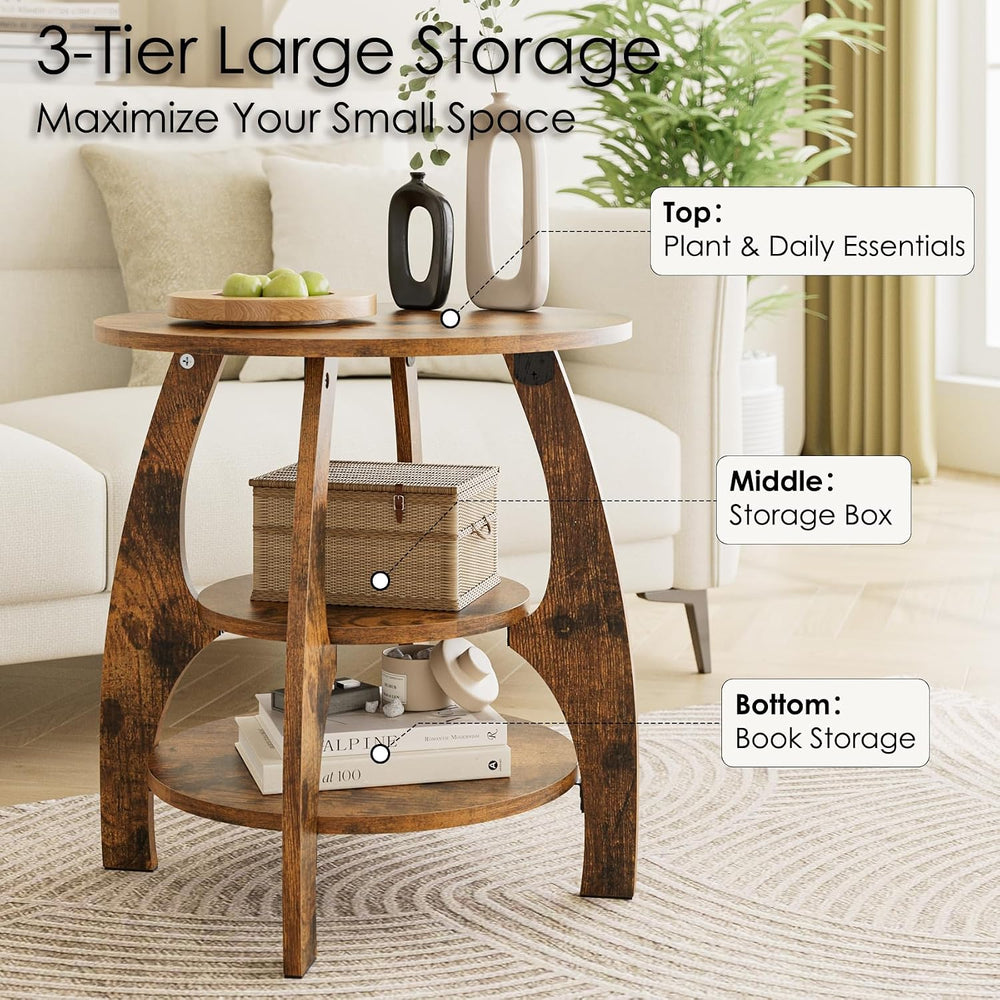 Masupu Round Side Table, 3-Tier Wood End Table, 19.7 inch Accent Table, Mid C...