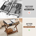 oakvivo Fully Assembled Walnut Luggage Racks Set of 2, Bamboo Luggage Rack Stand for Guest Room, 5 Nylon Straps, 26.77" Folding Suitcase Stand with Storage Shelf for Bedroom Hotel, Holds up to 165 Lbs