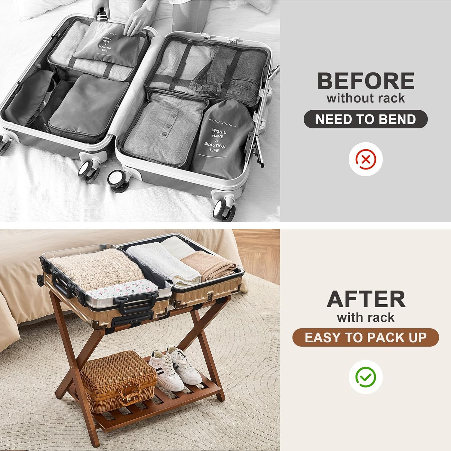 oakvivo Fully Assembled Walnut Luggage Racks Set of 2, Bamboo Luggage Rack Stand for Guest Room, 5 Nylon Straps, 26.77" Folding Suitcase Stand with Storage Shelf for Bedroom Hotel, Holds up to 165 Lbs