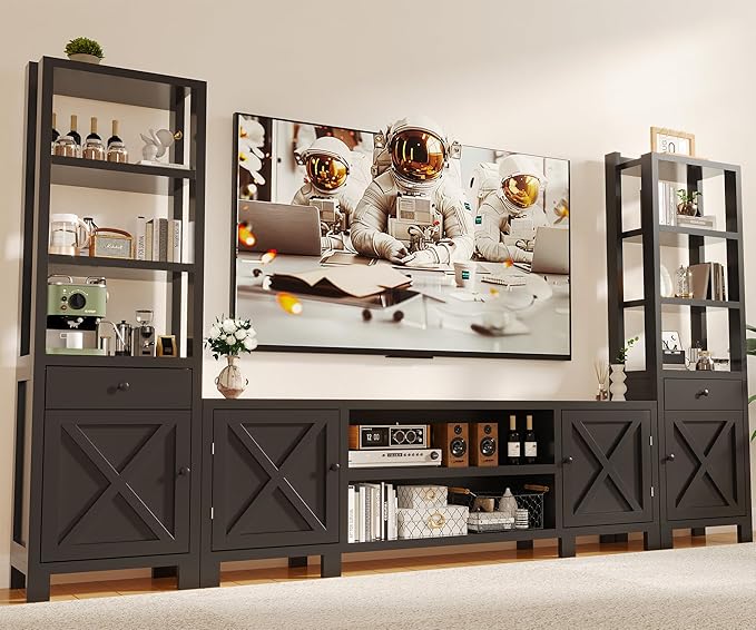 94" W Entertainment Center with Bookshelves & Storage, Large Wall Unit TV Stand for TVs up to 70", Modern White Wood Media Console with Power Hub for Living Room (Black)