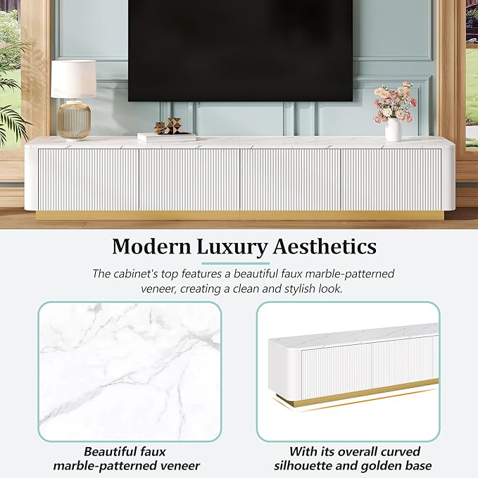 Ball & Cast Luxury Fluted TV Stand with 4 Drawers for TVs up to 85", Modern Media Console w/Faux Marble Tabletop and Gold Base, Curved Profile Design,Entertainment Center for Living Room,White