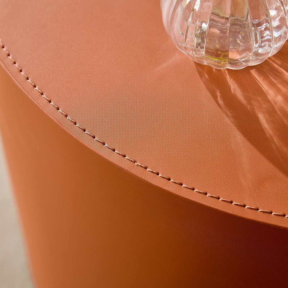Modern Round Side Table Set of 2, MDF Core with Saddle Leather Upholstery, Cy...