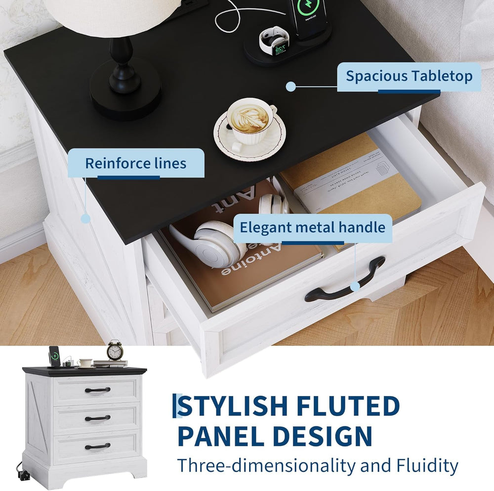 Garvee Modern Farmhouse Nightstand with Charging Station & 3 Large Drawer...