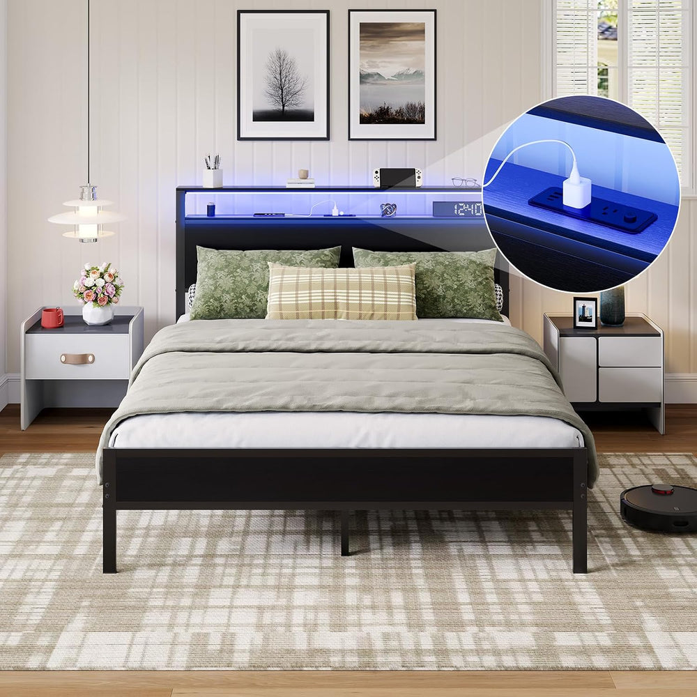 Novilla Full Bed Frame with LED Lights and Charging Station, Metal Platform B...