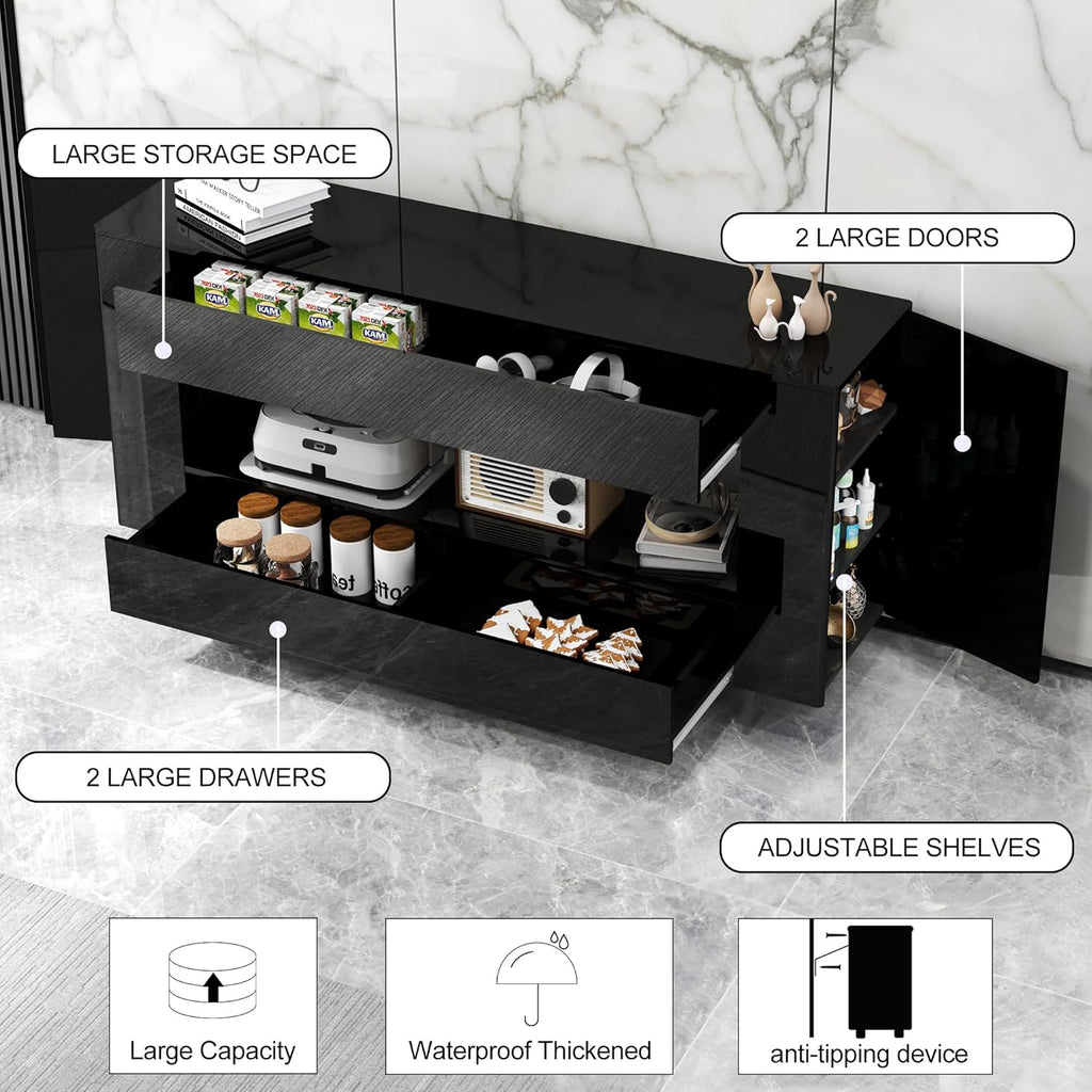 TV Stand TV Cabinet Up to 65 inch with Conceals Storage, High Gloss, Black | TV cabinet with 2 Push-Open doors and 2 drawers, entertainment center, storage cabinet, modern style, living room, office