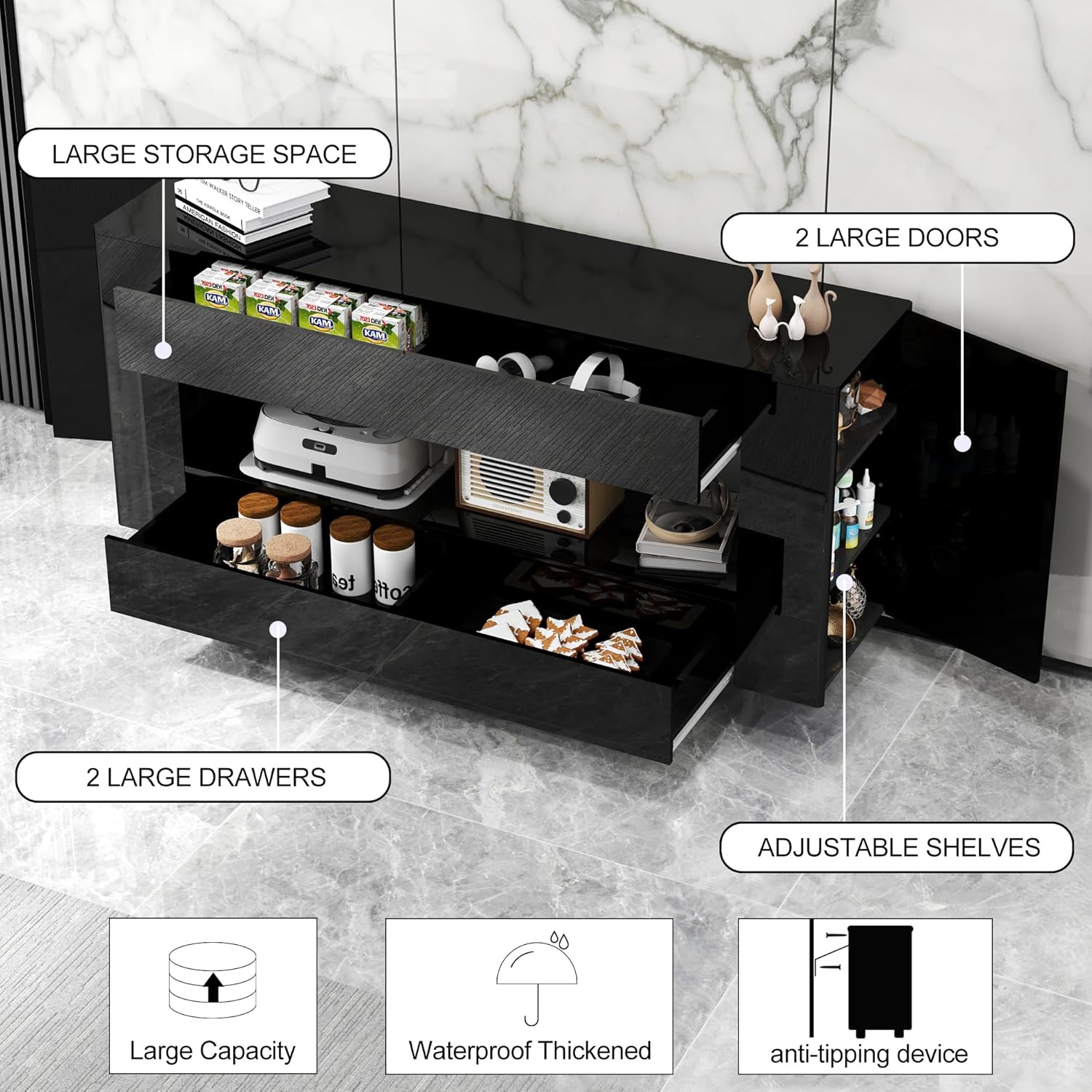 TV Stand TV Cabinet Up to 65 inch with Conceals Storage, High Gloss, Black | TV cabinet with 2 Push-Open doors and 2 drawers, entertainment center, storage cabinet, modern style, living room, office