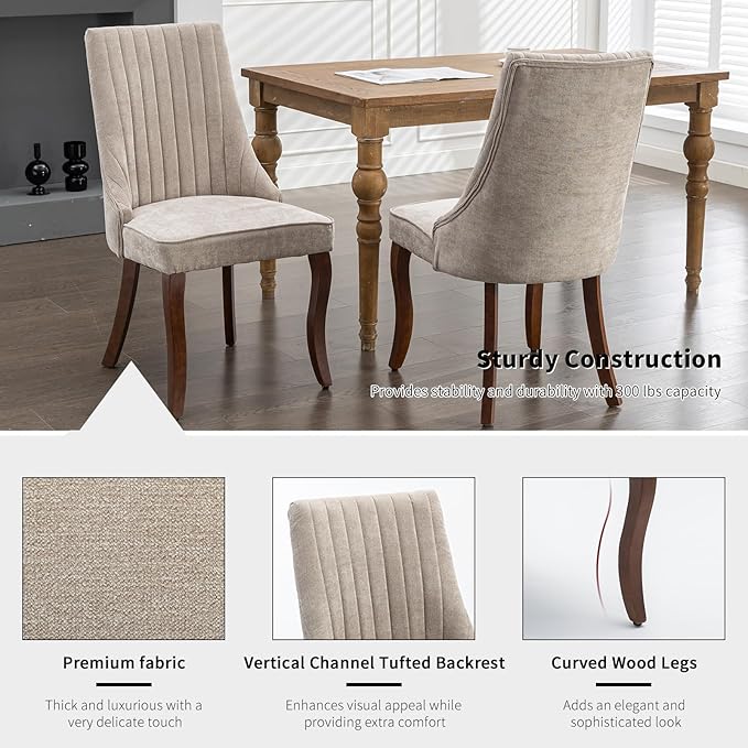 Beige Mid Century Dining Chairs Set of 4, Modern Kitchen & Dining Room Chairs Set of 4, Fabric Upholstered Kitchen Chairs, Sillas de Comedor, Wood Legs (Beige, 4 Pcs)