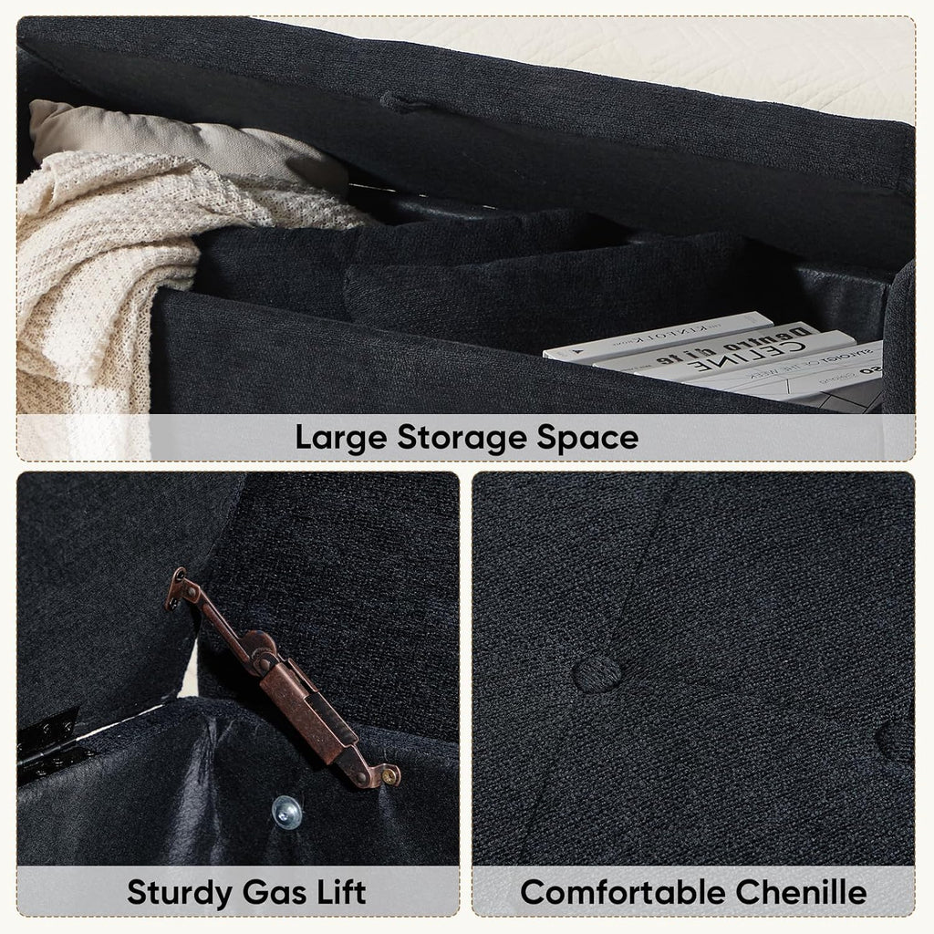 48" End of Bed Bench, Modern Storage Benches with Button-Tufted, Chenille Upholstered Storage Ottoman Bench for Foot of Bed with Arms, Gold Legs Window and Entryway, Black