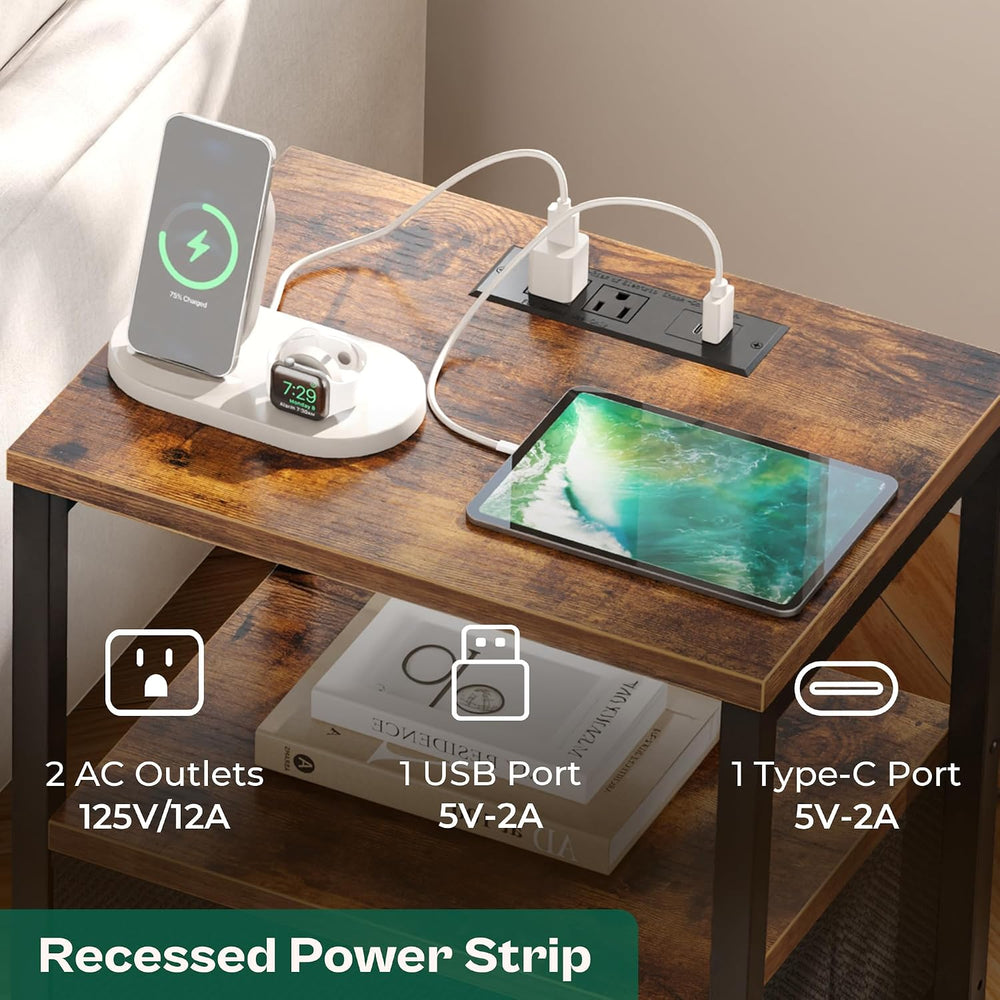 Huuger Nightstand with Charging Station, Side Table with Fabric Drawers, End ...