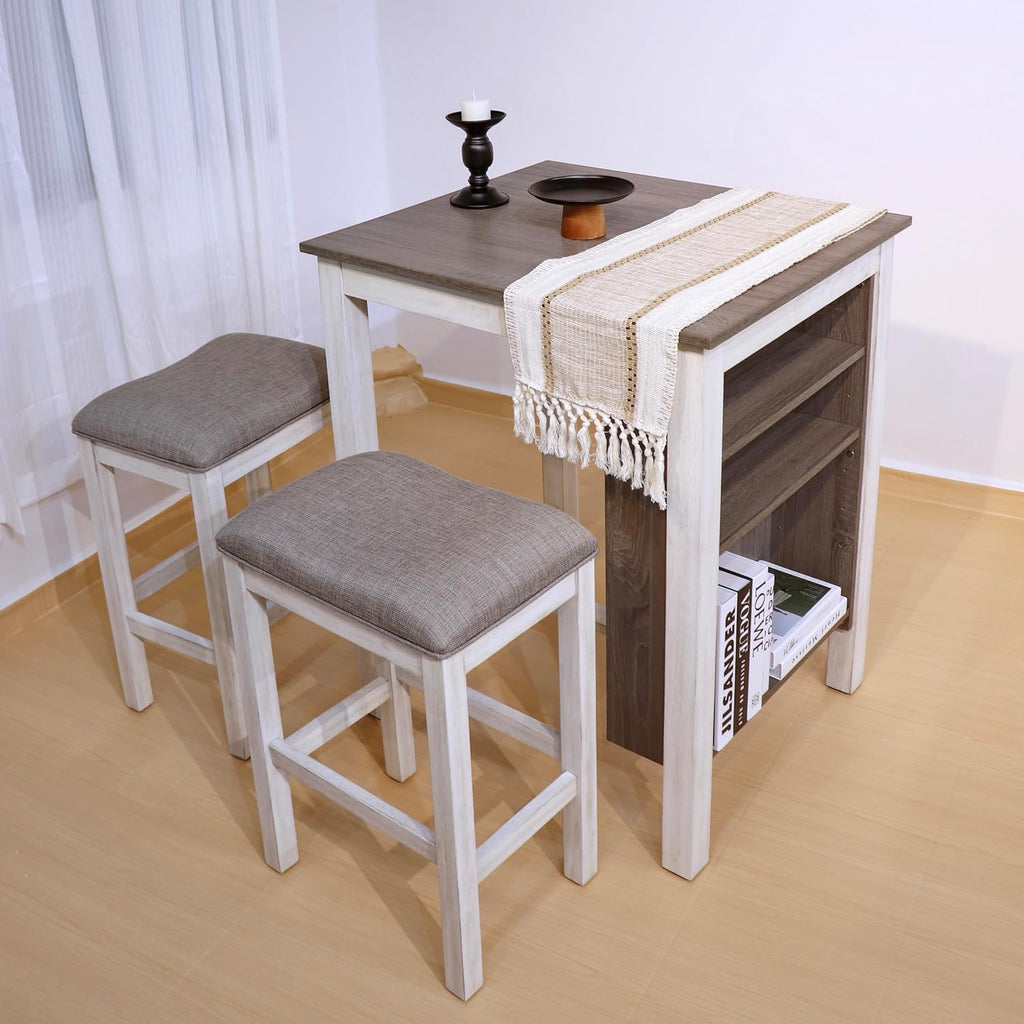 3-Piece Wooden Dining Table Set, Kitchen Island with Seating for 2, Kitchen Bar Table with Stools, Counter Height Dining Table Set, Rustic Gray Antique White, Farmhouse Style