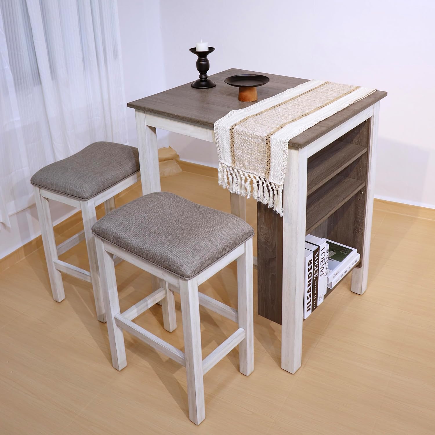 3-Piece Wooden Dining Table Set, Kitchen Island with Seating for 2, Kitchen Bar Table with Stools, Counter Height Dining Table Set, Rustic Gray Antique White, Farmhouse Style